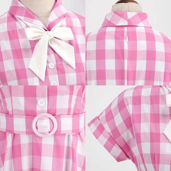 💗 NEW Pinup Retro Rockabilly 1950s Collar Bow Pink Plaid Tea Dress w/Belt XXL - Picture 6 of 16